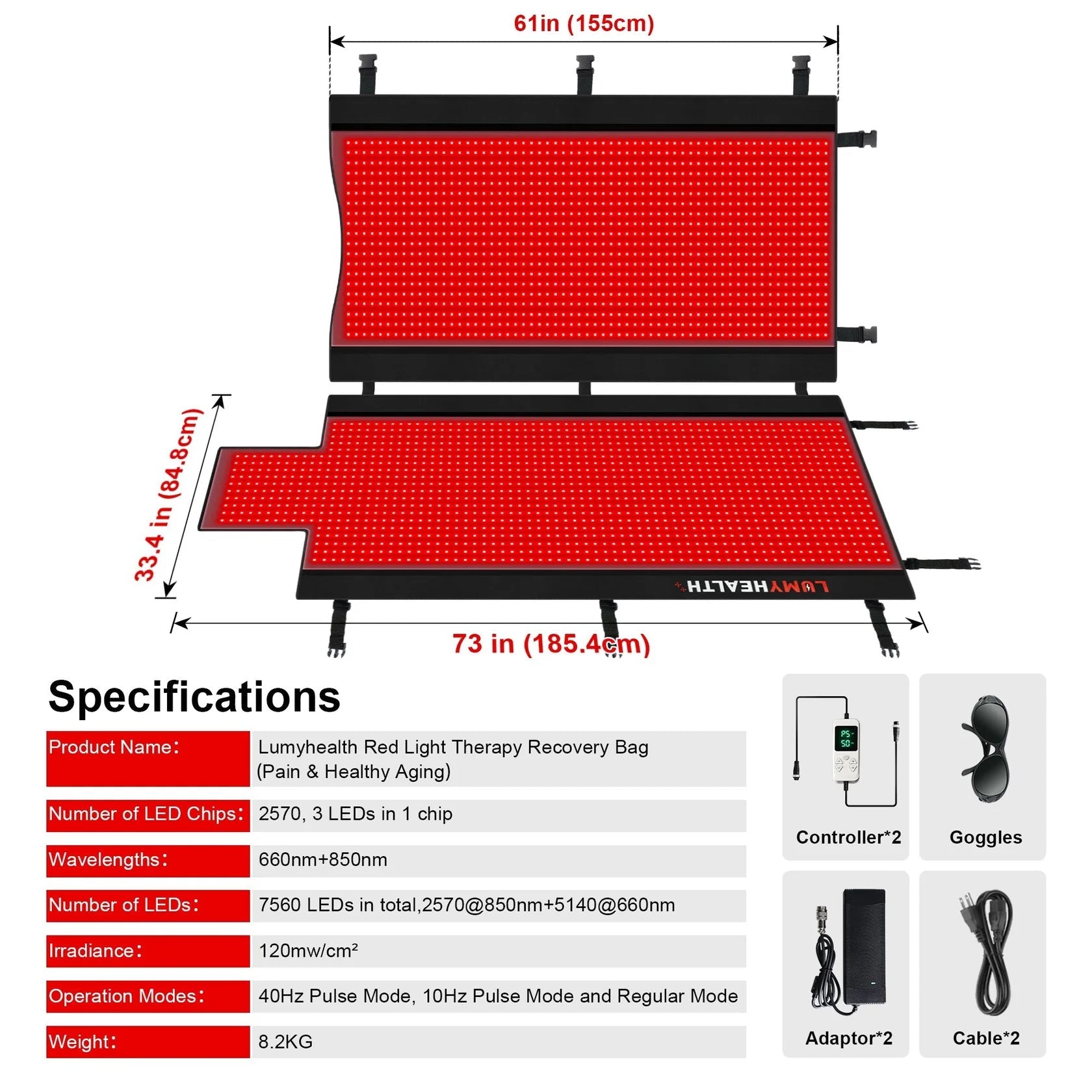 Experience full-body wellness with the LumyHealth Red Light Therapy Recovery Bag. Powered by 2,570 medical-grade LEDs, this device delivers targeted 660nm and 850nm wavelengths to support pain relief, muscle recovery, and healthy aging. Its premium TPU-co