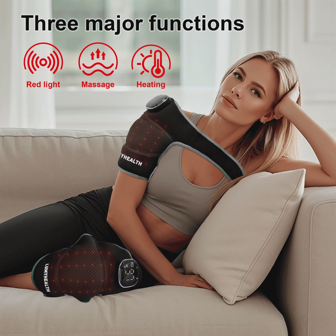 Experience powerful, non-invasive pain relief with this all-in-one Heated Red Light Therapy Massager. Combining 660nm red light, 850nm near-infrared light, soothing heat, and vibration massage, this device targets pain at the source—helping reduce inflamm