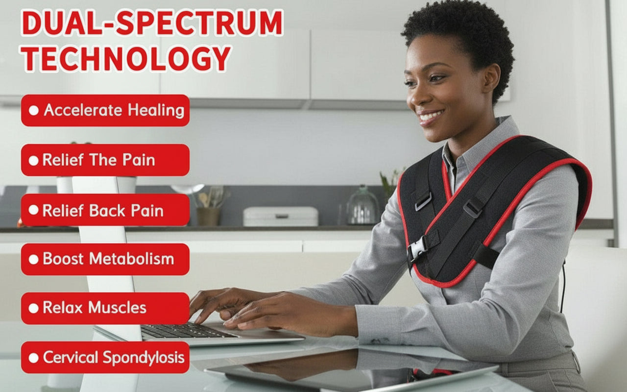 Person wearing a neck brace with dual-spectrum technology features listed on a kitchen background