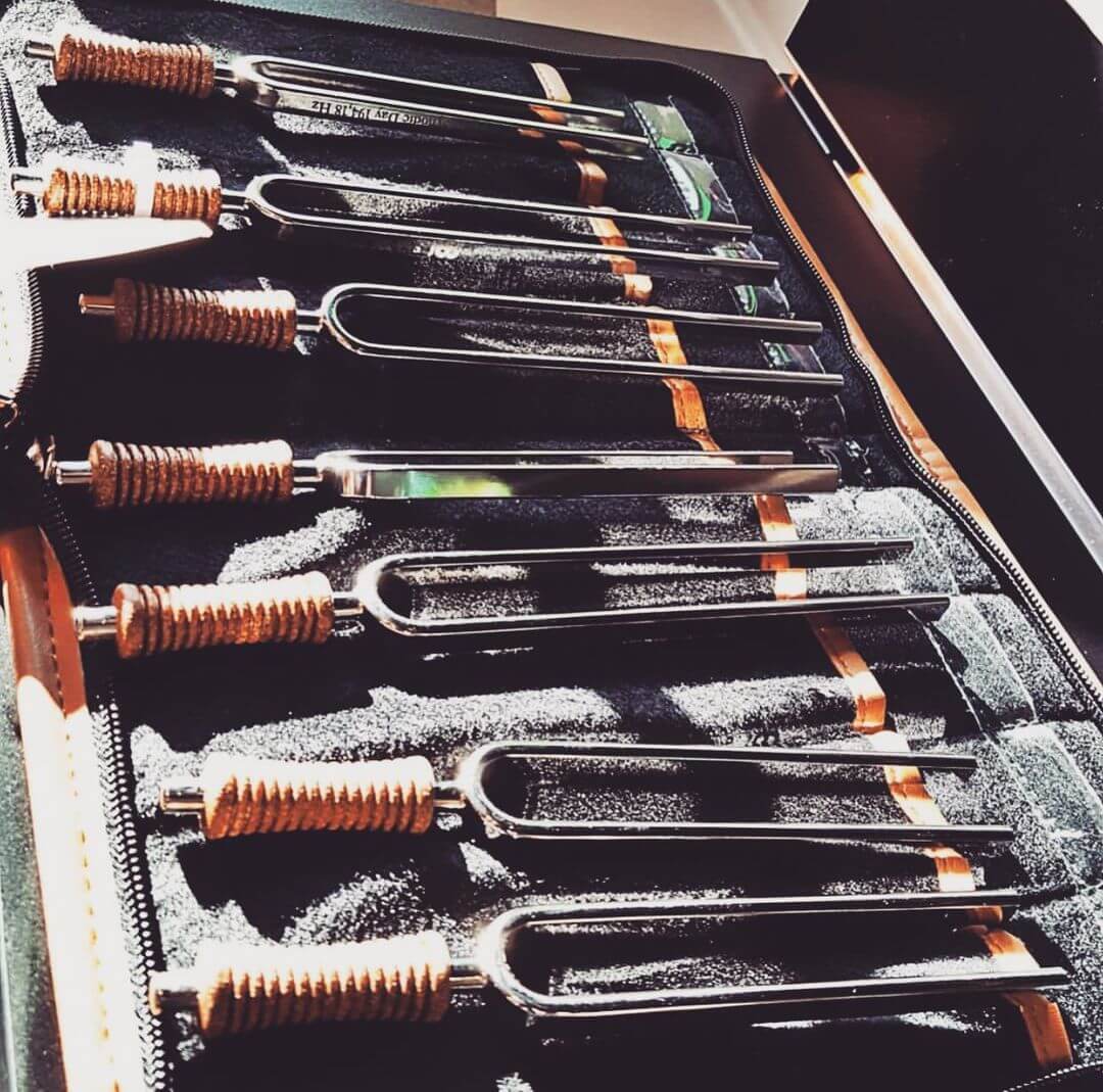 Planetary Tuning Forks for Sound Therapy that include all 7 notes for 7 chakras with a high-quality carrying case. Easy to carry and use. A professional set for meditation, yoga, therapeutics, sound healing, and spiritual practices. Hand Made of German St