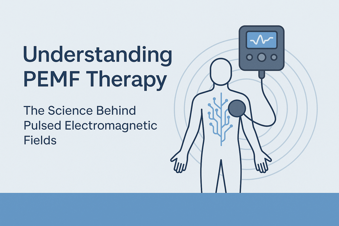 Understanding PEMF Therapy - The Science Behind It illustration with a person and a PEMF device.