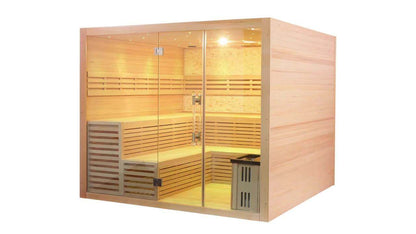 Product Description 01.Introduction The traditional steam sauna is the perfect way to relax and rejuvenate in the comfort of your own home. The included Harvia heater produces up to 195°F, while the barrel and spoon allow you to add water to the heater st