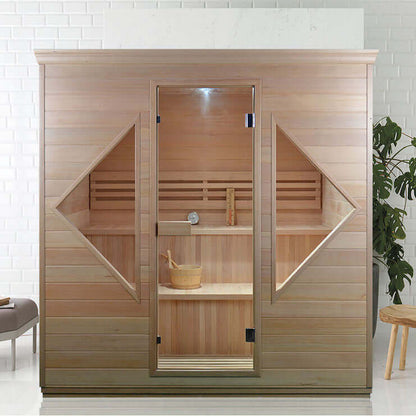 Product Description 01.Introduction The traditional steam sauna is the perfect way to relax and rejuvenate in the comfort of your own home. The included Harvia heater produces up to 195°F, while the barrel and spoon allow you to add water to the heater st