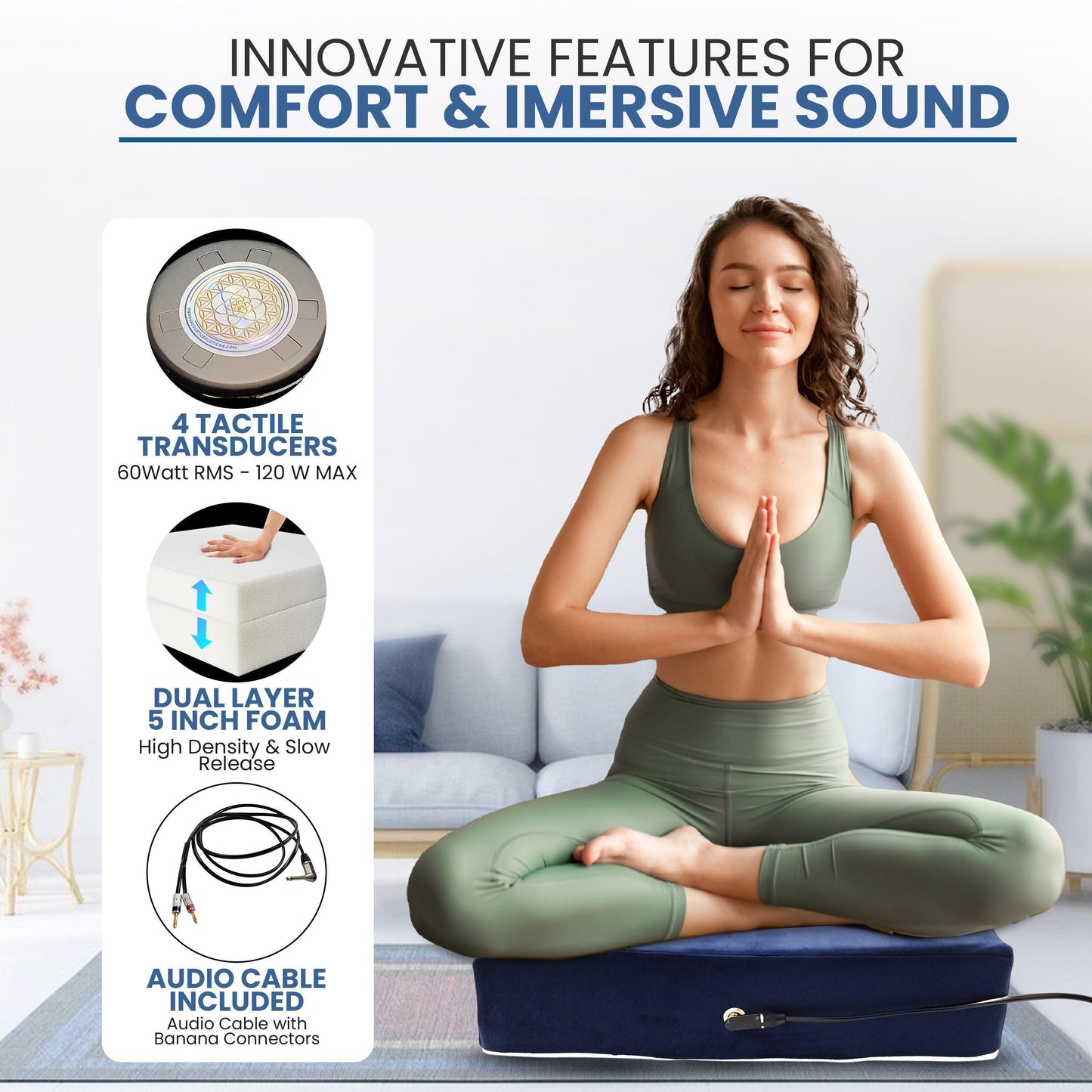 Special Promotional Bundle including: Meditation Cushion with Custom Amplifier Headphones Eye mask Immersive Sound with Vibroacoustic Meditation Cushion: Experience the Power of Vibroacoustic Therapy Enhance your meditation practice with our Immersive Vib