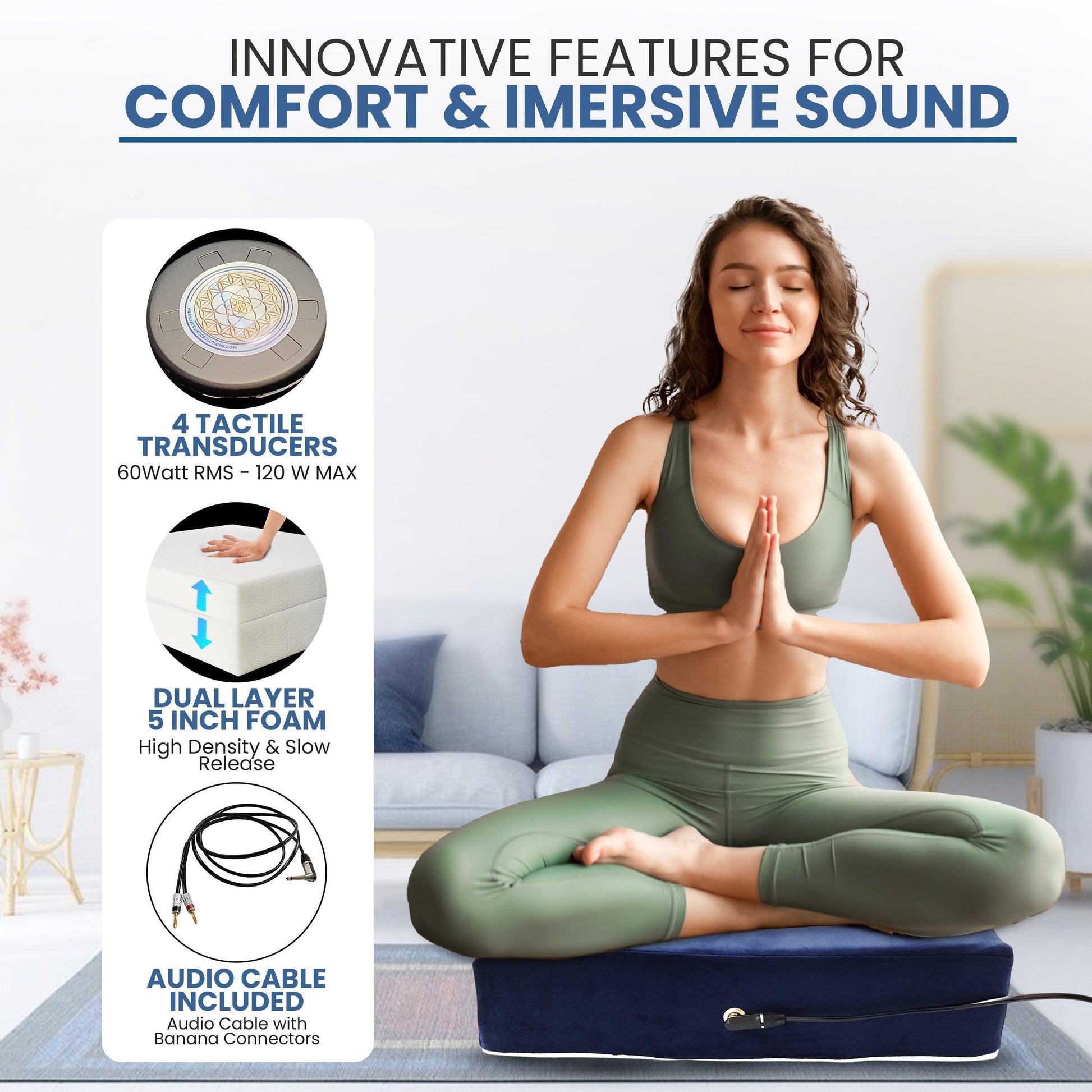 Special Promotional Bundle including: Meditation Cushion with Custom Amplifier Headphones Eye mask Immersive Sound with Vibroacoustic Meditation Cushion: Experience the Power of Vibroacoustic Therapy Enhance your meditation practice with our Immersive Vib