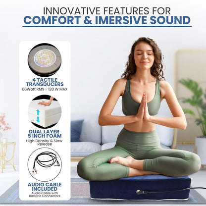 Special Promotional Bundle including: Meditation Cushion with Custom Amplifier Headphones Eye mask Immersive Sound with Vibroacoustic Meditation Cushion: Experience the Power of Vibroacoustic Therapy Enhance your meditation practice with our Immersive Vib