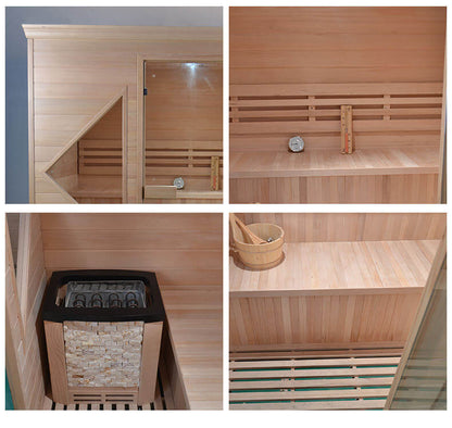 Product Description 01.Introduction The traditional steam sauna is the perfect way to relax and rejuvenate in the comfort of your own home. The included Harvia heater produces up to 195°F, while the barrel and spoon allow you to add water to the heater st