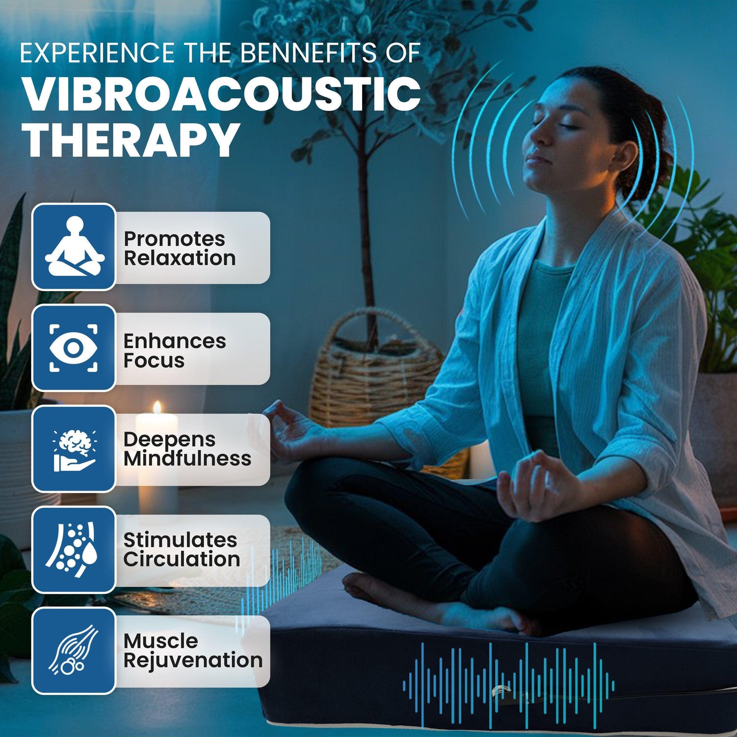 Special Promotional Bundle including: Meditation Cushion with Custom Amplifier Headphones Eye mask Immersive Sound with Vibroacoustic Meditation Cushion: Experience the Power of Vibroacoustic Therapy Enhance your meditation practice with our Immersive Vib