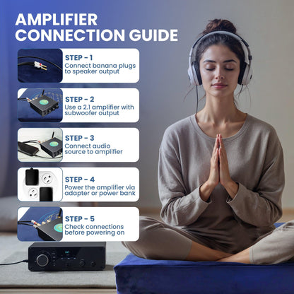 Special Promotional Bundle including: Meditation Cushion with Custom Amplifier Headphones Eye mask Immersive Sound with Vibroacoustic Meditation Cushion: Experience the Power of Vibroacoustic Therapy Enhance your meditation practice with our Immersive Vib