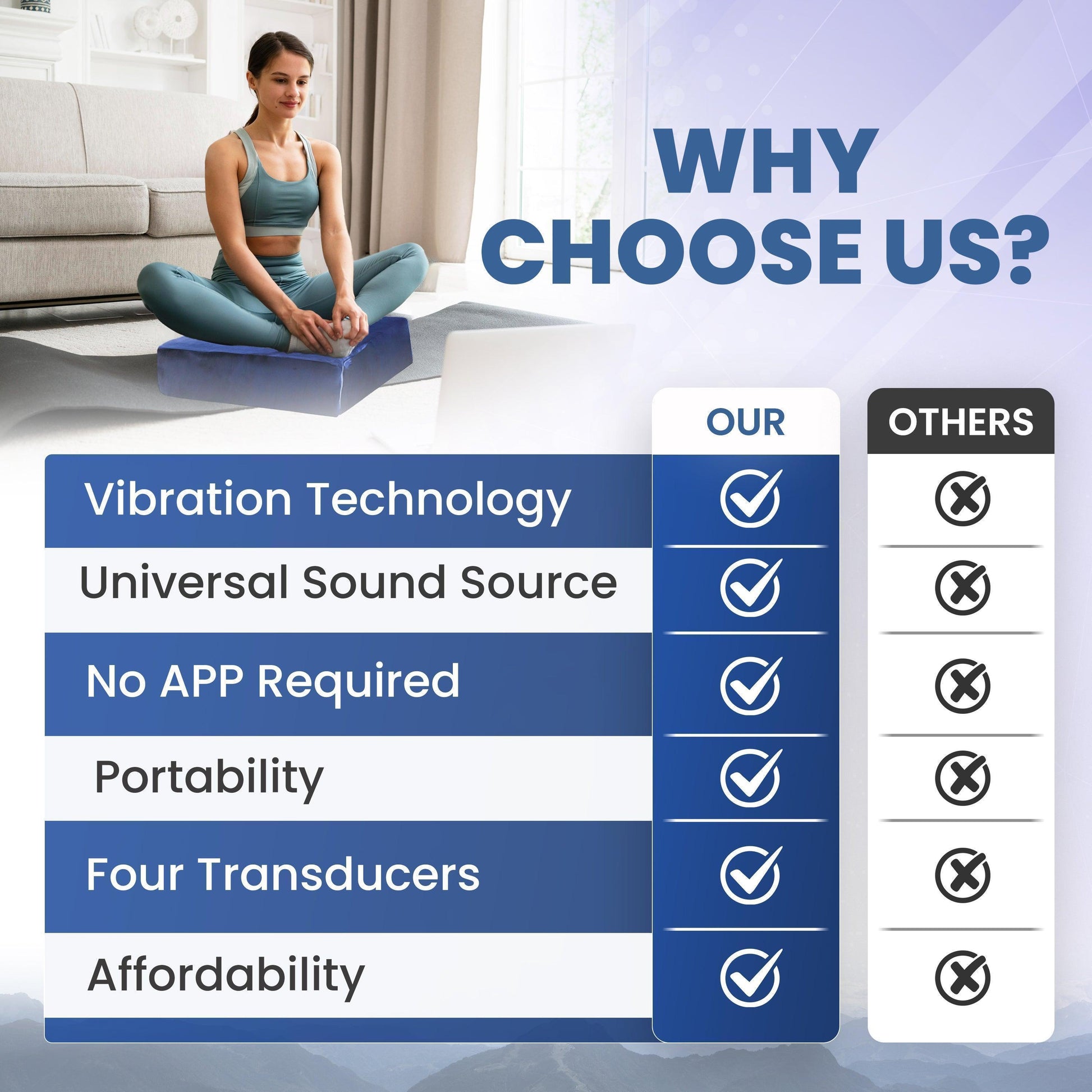 Special Promotional Bundle including: Meditation Cushion with Custom Amplifier Headphones Eye mask Immersive Sound with Vibroacoustic Meditation Cushion: Experience the Power of Vibroacoustic Therapy Enhance your meditation practice with our Immersive Vib