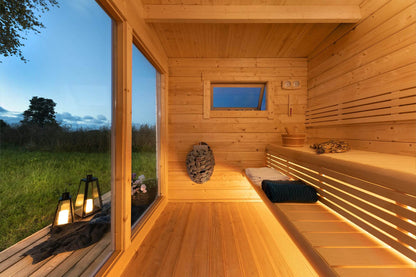'Subtle, Serene, and Refreshing,' perfectly encapsulates the essence of the SAUNA EVOLUTION Cabin Sauna Eco Oasis 3. This delightful and fully-equipped sauna cabin measures 4 square meters, offering a cozy haven that's both charming and practical. Adorned