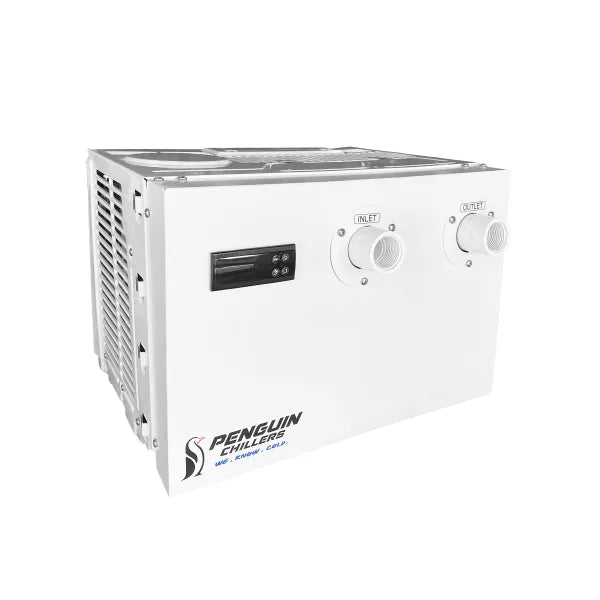 ½ HP (HE) Water Chiller 5,750 BTU/hr 1″ NPT inlet/outlet ports (female threaded PVC) Titanium Heat Exchanger = Reef Tank Safe Recommended operating range ~40°F to ~100°F 56 dBA 6′ Power Cord 110 – 120 Volts / 450 Watts / 3.9 Amps 16.25”W x 14.75”D x 12”H