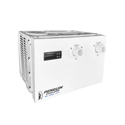 ½ HP (HE) Water Chiller 5,750 BTU/hr 1″ NPT inlet/outlet ports (female threaded PVC) Titanium Heat Exchanger = Reef Tank Safe Recommended operating range ~40°F to ~100°F 56 dBA 6′ Power Cord 110 – 120 Volts / 450 Watts / 3.9 Amps 16.25”W x 14.75”D x 12”H
