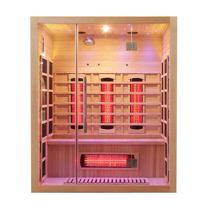 Product Description 01.Introduction Far-infrared sauna room is a new generation of sauna equipment heated byfull spectrum and carbon panel, with wooden sauna house as the carrier. The heating plate is inlaid around the sauna room, the heating is even and