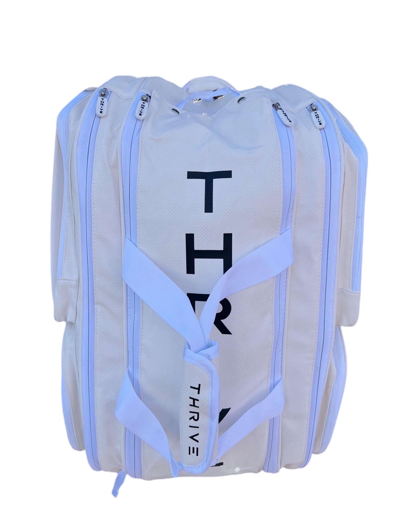 Thrive new Elite Pro Tour Bag in white is made of 100% vegan leather and designed for the player who wants to look good and travel to the courts in style. This bag has room for all your paddles and accessories and doubles as carry-on luggage. The backpack