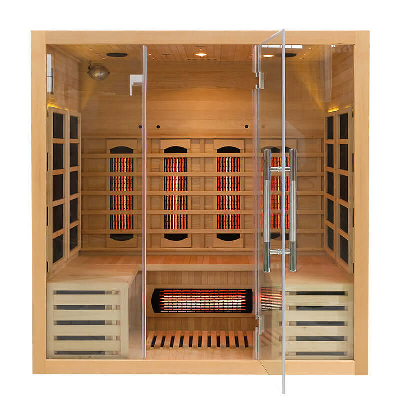 Product Description 01.Introduction Far-infrared sauna room is a new generation of sauna equipment heated byfull spectrum and carbon panel, with wooden sauna house as the carrier. The heating plate is inlaid around the sauna room, the heating is even and