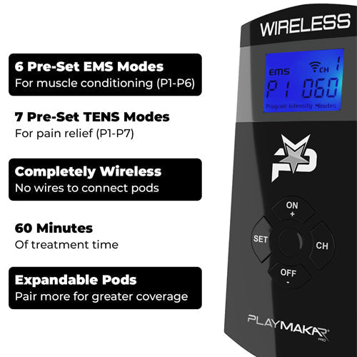 Completely wireless, the PlayMakar PRO is the ultimate take with you anywhere electrical muscle stimulator system. Comes with 14 programs designed to help build strength, maximize endurance, assist recovery, improve the quality of warm-up, manage pain, an