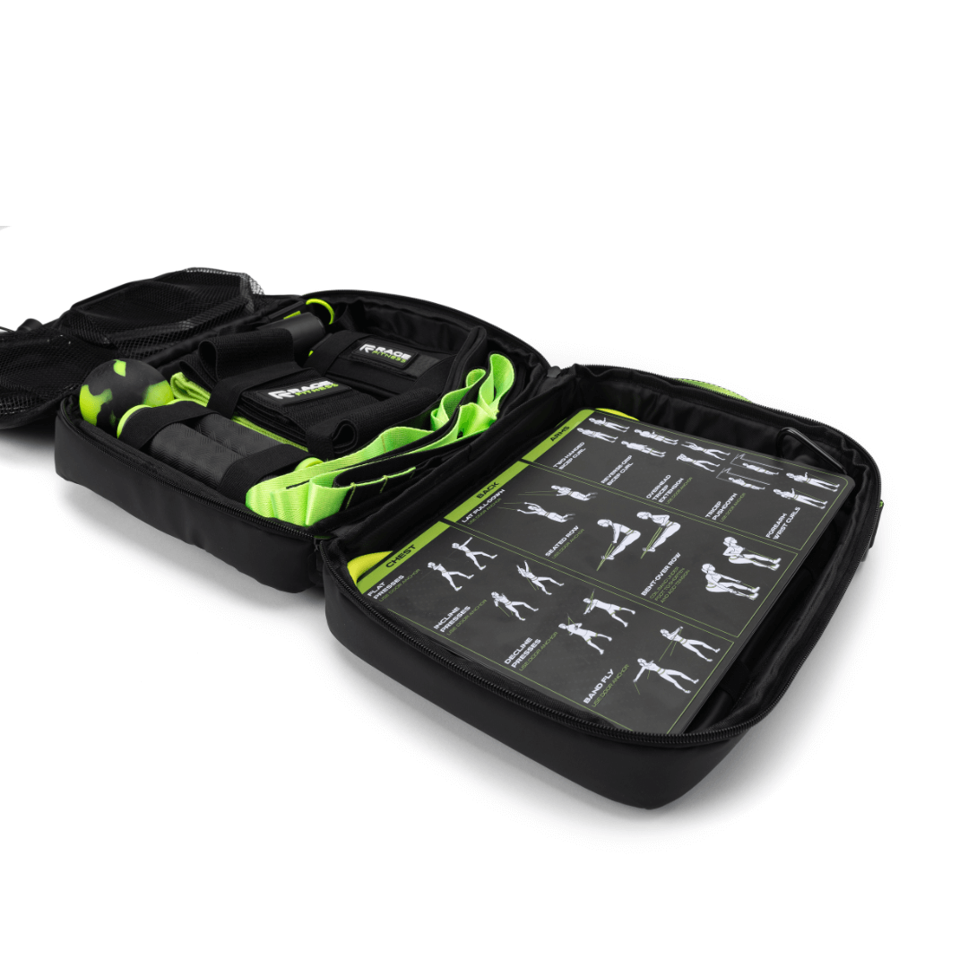 The Ex Kit by Rage Fitness is a revolutionary resistance & recovery kit. The Ex Kit is a complete home gym equipment solution, a lightweight design conveniently packed into a nylon-padded durable "gym in a bag" featuring a zipper pocket, webbing handle, a