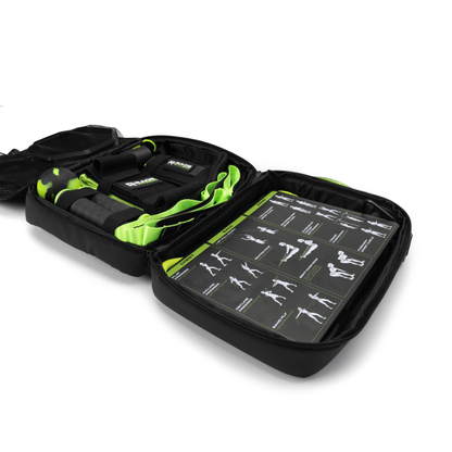 The Ex Kit by Rage Fitness is a revolutionary resistance & recovery kit. The Ex Kit is a complete home gym equipment solution, a lightweight design conveniently packed into a nylon-padded durable "gym in a bag" featuring a zipper pocket, webbing handle, a