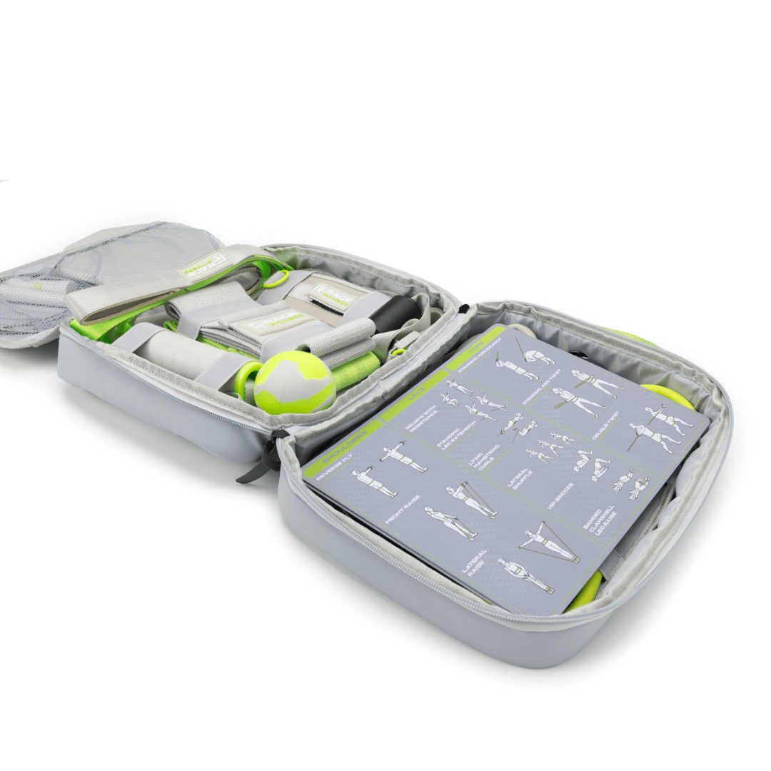 The Ex Kit by Rage Fitness is a revolutionary resistance & recovery kit. The Ex Kit is a complete home gym equipment solution, a lightweight design conveniently packed into a nylon-padded durable "gym in a bag" featuring a zipper pocket, webbing handle, a