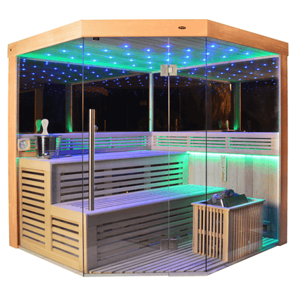 01.Introduction The traditional steam sauna is the perfect way to relax and rejuvenate in the comfort of your own home. The included Harvia heater produces up to 195°F, while the barrel and spoon allow you to add water to the heater stone to achieve your