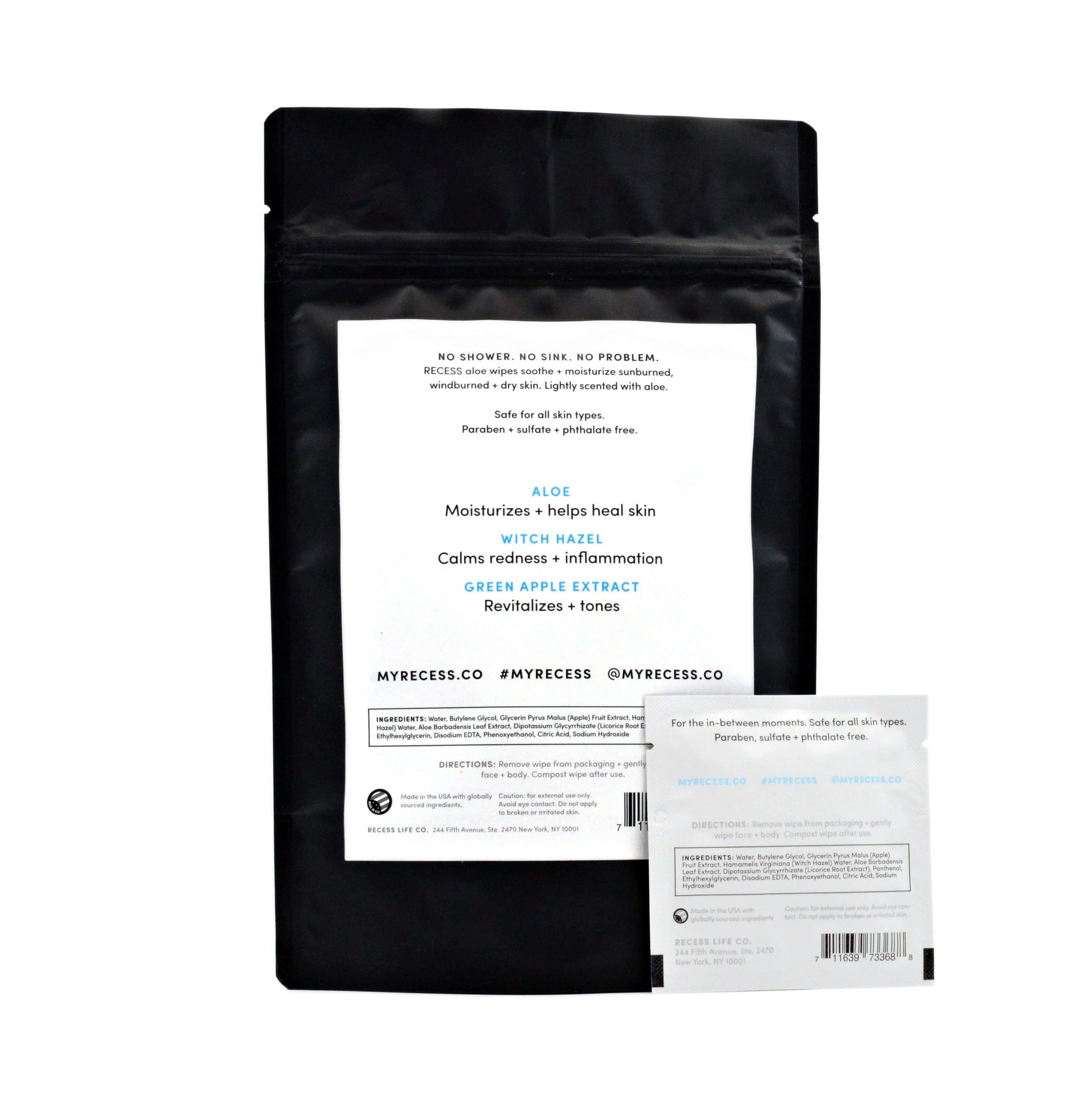 MAIN BENEFITReduces redness without the stinging. ADDITIONAL BENEFITSReduces redness.Soothes skin.No goopy gel.The first wipe dedicated to aloe for both face + body. Say ahhh.Soothe + Moisturize + RepairRECESS After Sun Aloe wipes soothe + moisturize sunb