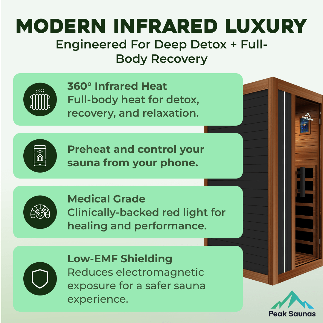Reach the Peak of Personal Wellness with Aspen Compact luxury. Cedar craftsmanship. Pure infrared therapy. Introducing the Peak Saunas Aspen—a beautifully built indoor FAR infrared sauna designed for solo sessions without compromise. Crafted from aromatic