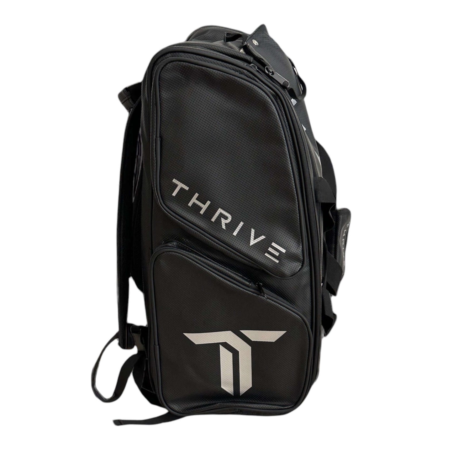 Thrive Elite Pro Tour Bag is made of 100% vegan leather and designed for the player who wants to look good and travel to the courts in style. This bag has room for all your paddles and accessories and doubles as carry-on luggage. The backpack straps have