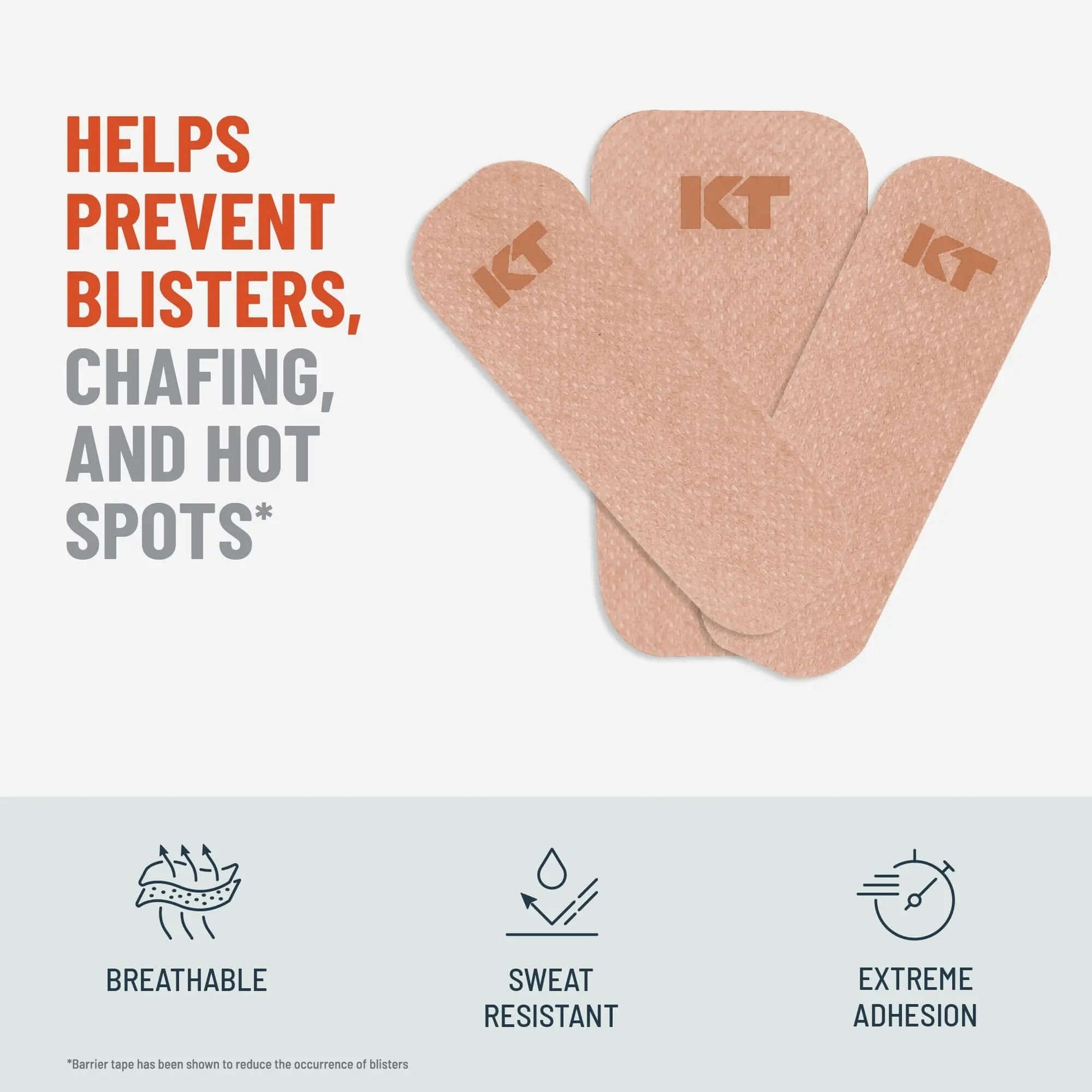 KT Health Blister Prevention Tape from KT Tape® is the pinnacle in athlete blister prevention care. These premium synthetic non-woven fabric strips are designed to help prevent athlete-related abrasion injuries, such as blisters, chafing, and hot spots*,