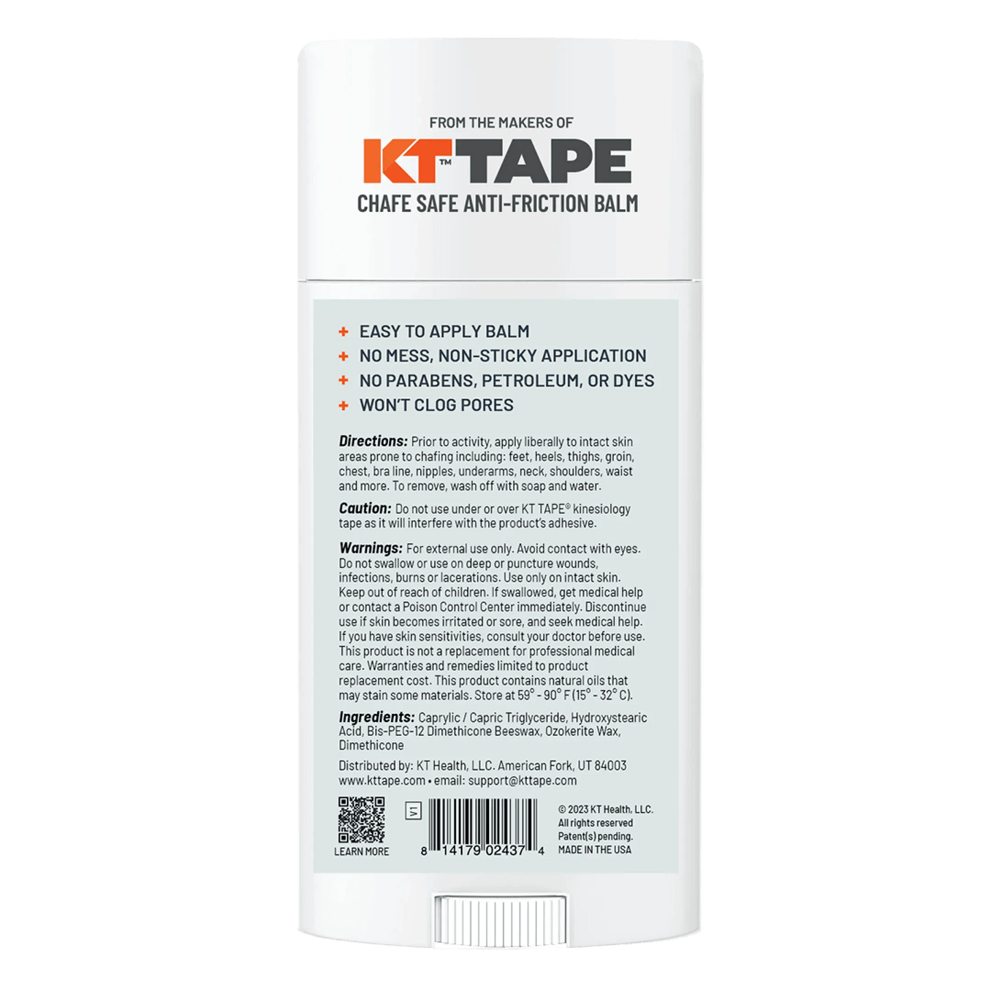 The newly redesigned KT Health Chafe Safe™ Anti-Friction Balm from KT Tape is designed to give long-lasting protection against chafing, blisters, and other skin irritations to help athletes stay focused on performing at their peak. The Balm's non-greasy s