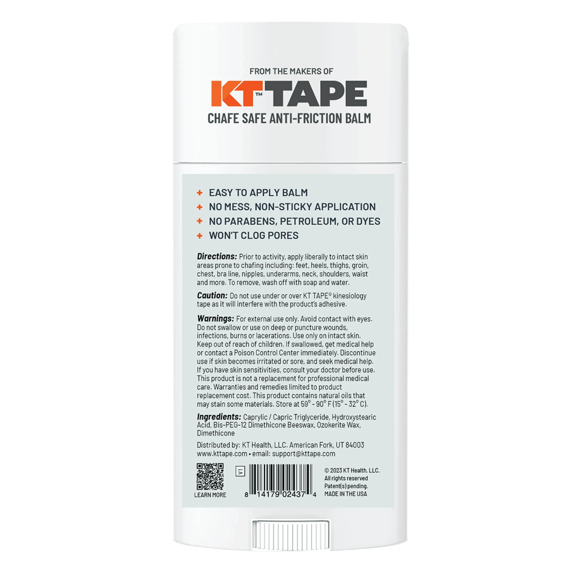 The newly redesigned KT Health Chafe Safe™ Anti-Friction Balm from KT Tape is designed to give long-lasting protection against chafing, blisters, and other skin irritations to help athletes stay focused on performing at their peak. The Balm's non-greasy s