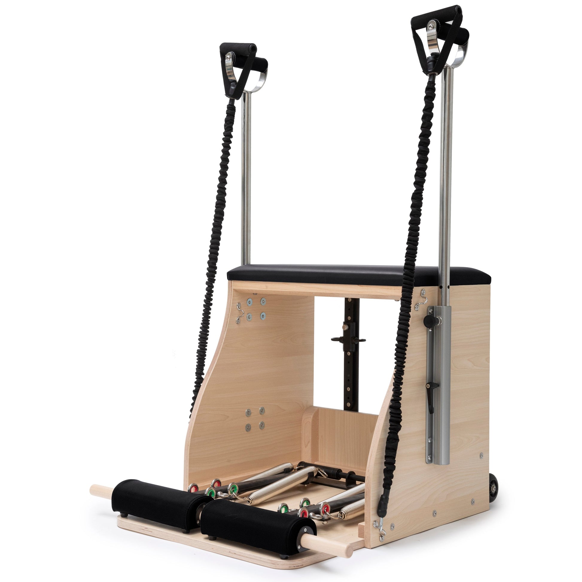 Made of high quality wood. Perfect stability Special padded system for foot bars. With innovative lower spring system for reverse resistance. Spring anchoring system on the rear bar in different positions. Springs: 2 medium resistance – Green, 2 high resi