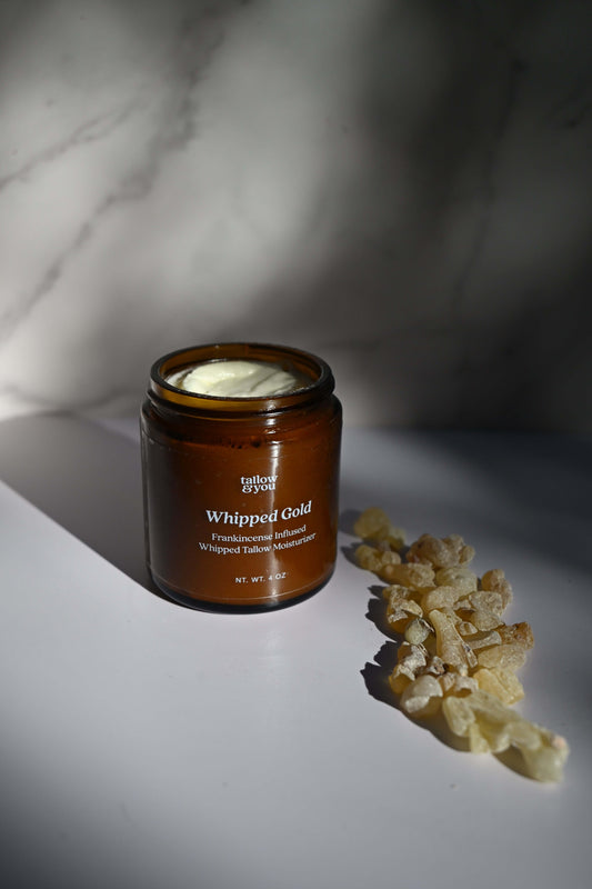 Whipped tallow; Jojoba oil; Infused frankincense Ingredients: This formula contains 100% grass-fed and finished beef tallow, including vitamins A, E, D, K, B12, omega fatty acids, palmitic, ascorbic and stearic acid, infused frankincense resin in jojoba o