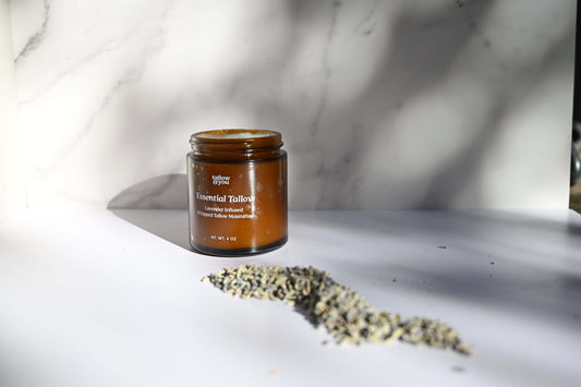 Whipped Tallow; Jojoba Oil; Infused Lavender Flower. Ingredients: This formula contains 100% grass-fed and finished beef tallow, including vitamins A, E, D, K, B12, omega fatty acids, palmitic, ascorbic and stearic acid, infused lavender in jojoba oil. Wh