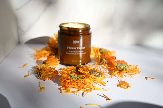 Whipped tallow; Jojoba oil; Infused calendula flower Ingredients: This formula contains 100% grass-fed and finished beef tallow, including vitamins A, E, D, K, B12, omega fatty acids, palmitic, ascorbic and stearic acid and infused calendula flower in joj