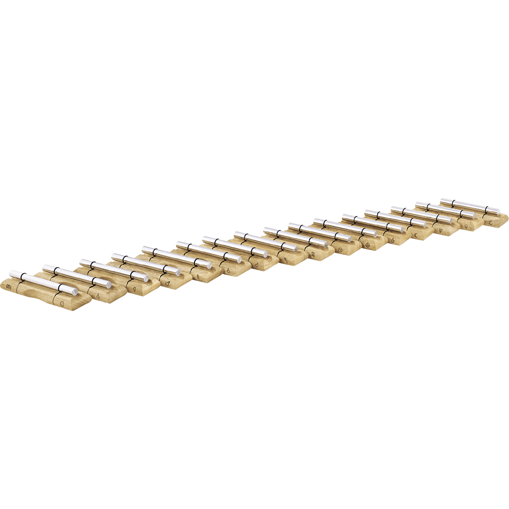 The complete setup of Energy Chimes offers all 16 planetary and chakra tunings in one set. This professional energy chime set is ideal for meditation, yoga, therapeutics, sound healing, and spiritual practices. Position the chimes on the specified body re