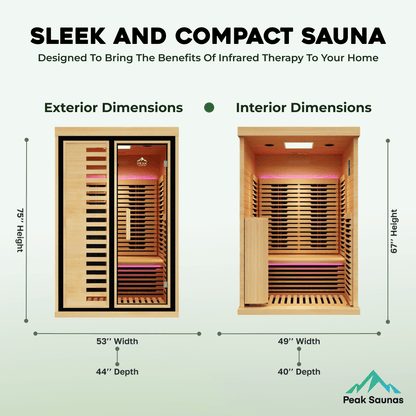 Reach the Peak of Wellness with Everest Compact. Powerful. Premium. Introducing the Peak Saunas Everest—a meticulously crafted smart 2-person infrared sauna designed for those who refuse to compromise on personal space, quality, technology, or wellness be