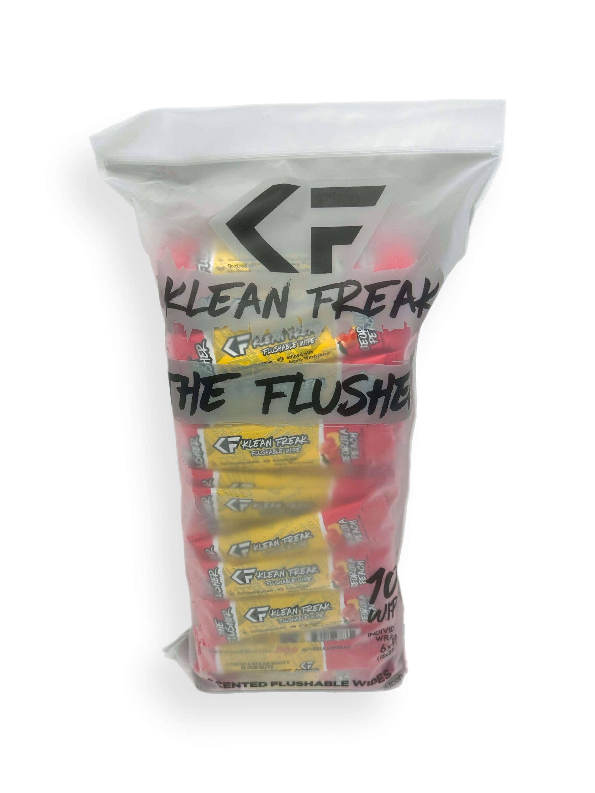 100 wipes of your favorite scent! The Klean Freak Flusher - Flushable wipe, helping you stay fresh and Klean during those dirty times...A fresh and Klean booty is our duty! Each wipe contains zero alcohol and is enhanced with Aloe and Witch Hazel for cool