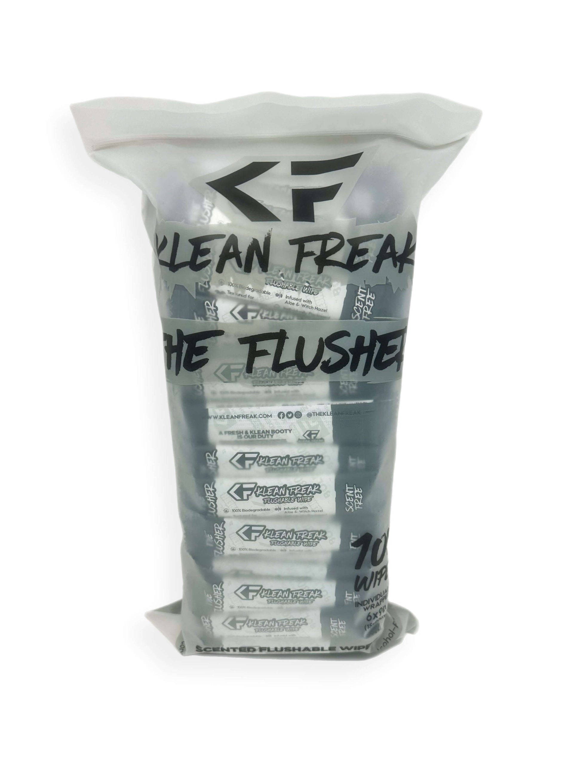 100 wipes of your favorite scent! The Klean Freak Flusher - Flushable wipe, helping you stay fresh and Klean during those dirty times...A fresh and Klean booty is our duty! Each wipe contains zero alcohol and is enhanced with Aloe and Witch Hazel for cool