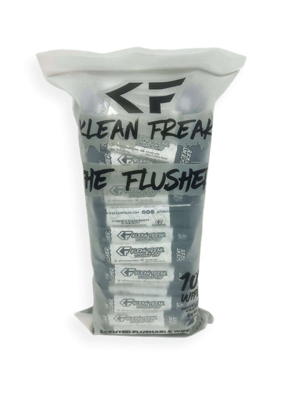 100 wipes of your favorite scent! The Klean Freak Flusher - Flushable wipe, helping you stay fresh and Klean during those dirty times...A fresh and Klean booty is our duty! Each wipe contains zero alcohol and is enhanced with Aloe and Witch Hazel for cool