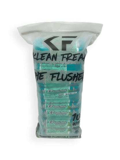 100 wipes of your favorite scent! The Klean Freak Flusher - Flushable wipe, helping you stay fresh and Klean during those dirty times...A fresh and Klean booty is our duty! Each wipe contains zero alcohol and is enhanced with Aloe and Witch Hazel for cool