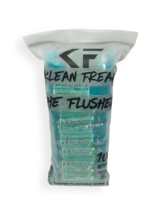 100 wipes of your favorite scent! The Klean Freak Flusher - Flushable wipe, helping you stay fresh and Klean during those dirty times...A fresh and Klean booty is our duty! Each wipe contains zero alcohol and is enhanced with Aloe and Witch Hazel for cool