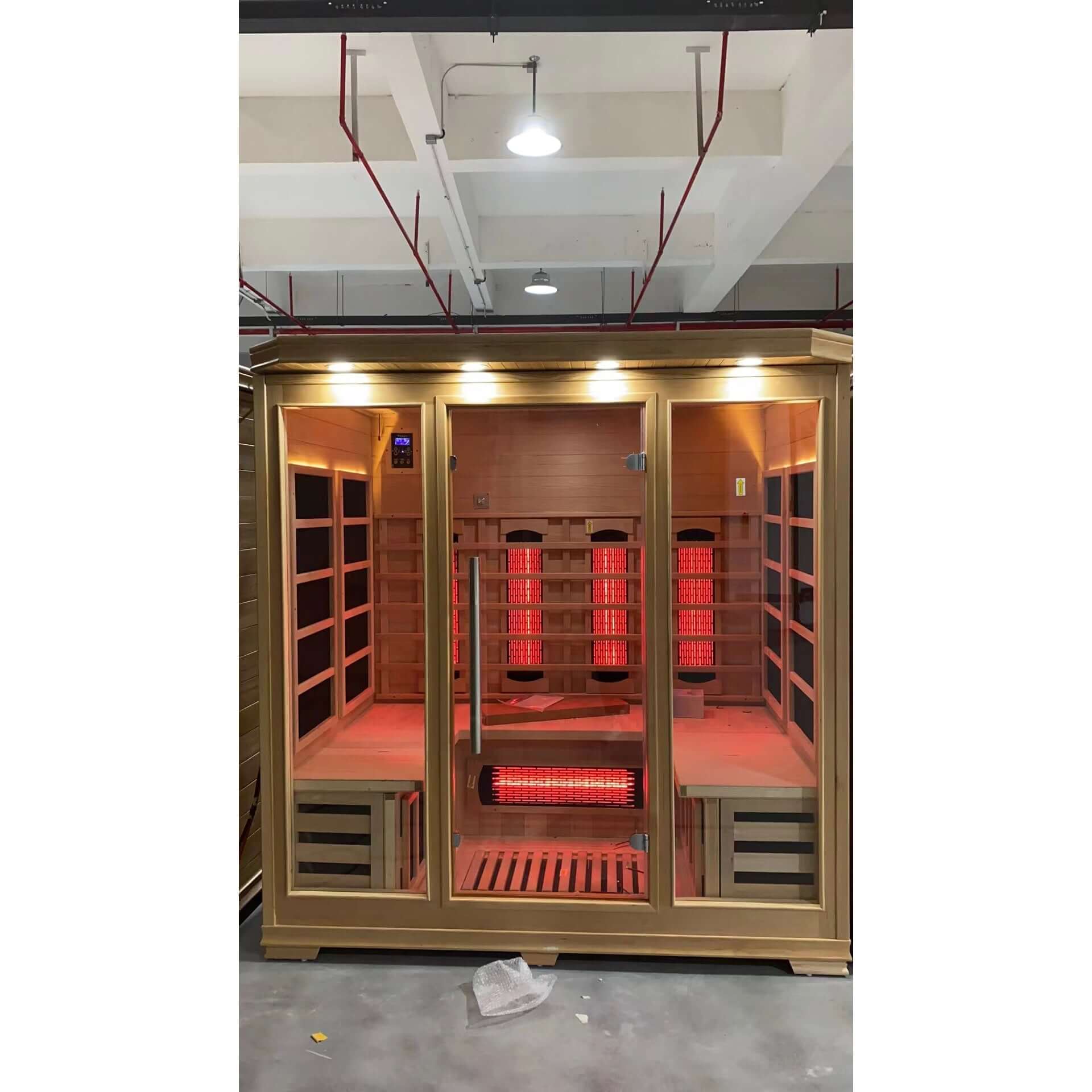 Product Description 01.Introduction Far-infrared sauna room is a new generation of sauna equipment heated byfull spectrum and carbon panel, with wooden sauna house as the carrier. The heating plate is inlaid around the sauna room, the heating is even and