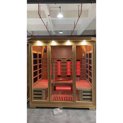 Product Description 01.Introduction Far-infrared sauna room is a new generation of sauna equipment heated byfull spectrum and carbon panel, with wooden sauna house as the carrier. The heating plate is inlaid around the sauna room, the heating is even and