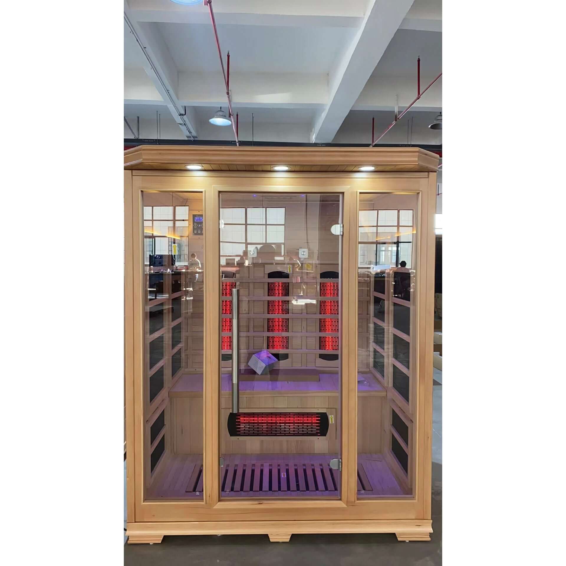 Product Description 01.Introduction Far-infrared sauna room is a new generation of sauna equipment heated byfull spectrum and carbon panel, with wooden sauna house as the carrier. The heating plate is inlaid around the sauna room, the heating is even and