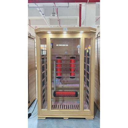 Product Description 01.Introduction Far-infrared sauna room is a new generation of sauna equipment heated byfull spectrum and carbon panel, with wooden sauna house as the carrier. The heating plate is inlaid around the sauna room, the heating is even and