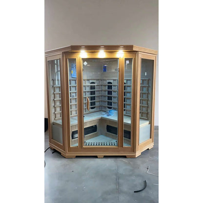 Product Description 01.Introduction Far-infrared sauna room is a new generation of sauna equipment heated byfull spectrum and carbon panel, with wooden sauna house as the carrier. The heating plate is inlaid around the sauna room, the heating is even and