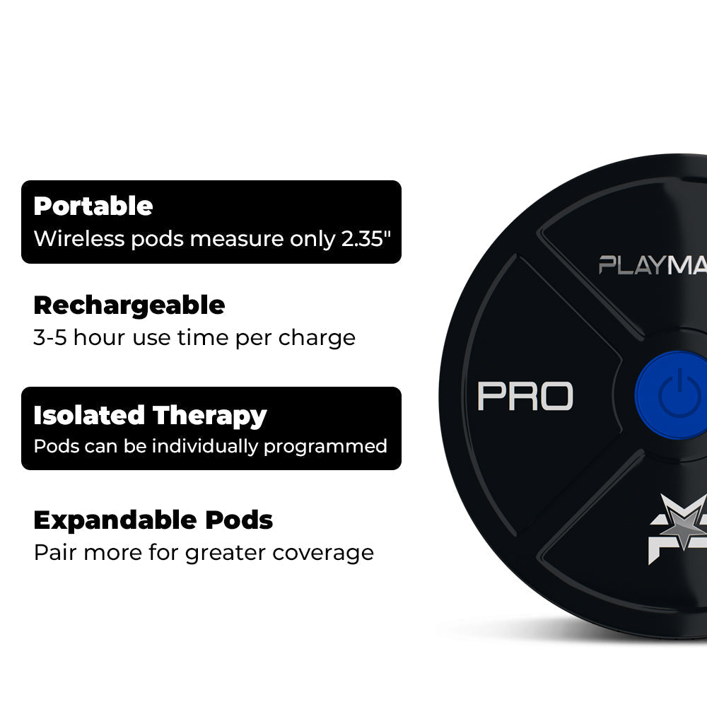 Our Wireless Expandable Pods give you the ability to expand your existing PRO-1000 system for greater coverage of treatment for faster recovery and less time off the court or field. Additional pods are also great to have as back ups while others are charg