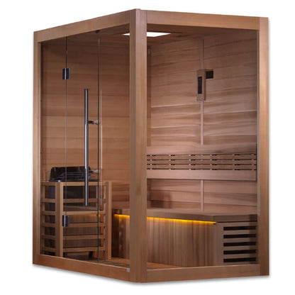 FEATURES AND SPECIFICATIONS: 2-3 person capacity 100% Natural Canadian Red Cedar Wood Interior / Canadian Hemlock Wood Exterior Interior Chromotherapy lighting system (Oversize) Interior backrest with accent lighting Touch Screen Control Panel \with built