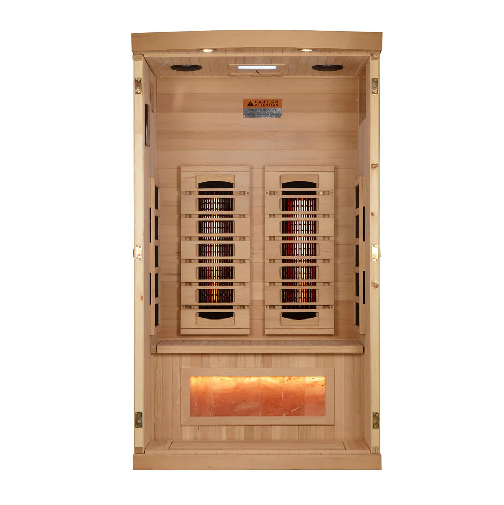 1 Person Capacity (Compact Unit - Ideal for 1 Person) Exterior dimensions (LWH): 37″ x 41″ x 75″ (roof overhang: adds 5″ to length) Interior dimensions (LWH): 32″ x 36″ x 68″ 5 Total Heaters, 3 PureTech™ Near Zero EMF (EMF under 3MG when sitting 2 to 3 in
